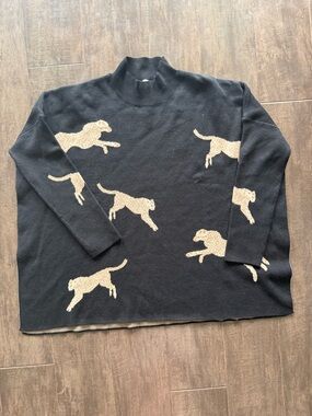 Entro Mock Neck Animal Print Pullover Sweater Knit Black Beige Size L